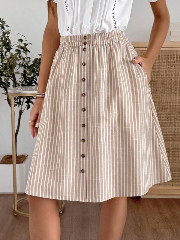 EMERY ROSE Women's Casual Striped Printed Front Button Down A-Line Skirt