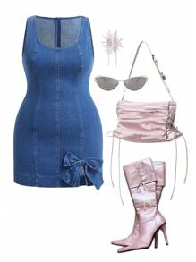 SHEIN ICON Abito in denim casual estivo con fiocco decorativo, senza maniche, aderente, per taglie forti