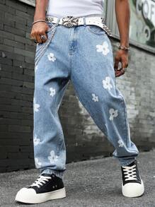 Manfinity EMRG 男士花卉印花口袋宽松休闲牛仔裤 - 淺色水洗藍 - 查看 5