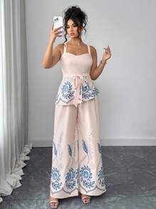 Elenzga Damen Große Größen elegantes romantisches Blumen Druckmieder und lange Hose Set, geeignet für Sommer, Schulanfang, Abschluss, Feiertage, Valentinstag, Musikfestivals, Muttertag, Halloween, Erntedankfest, Ostern, Nationalfeiertag, Galas, Dates, Partys, Hochzeiten, Ausflüge - Verschiedenfarbig - Übersicht 4