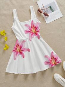 Comfortcana Robe courte à col carré imprimée de fleurs roses, style minimaliste casual, adaptée pour l'été - Multicolore - Voir 3