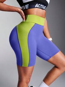 Powerista 女士蓝色拼布修身休闲运动短裤，适合日常健身和健身房，日常穿着运动短裤