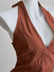 SHEIN Unity 女士休闲纯色露背交叉吊带背心 - 咖啡棕 - 查看 3