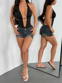 EgrlEra Body negru cu imprimeu în V adânc, fără spate, cu legături laterale, super elastic, moale și confortabil, sexy, casual, pentru casă, plajă, purtare zilnică, femei, vară - Negru - Vizualizare 6