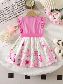 Vestito da ragazza carino per vacanza estiva, con maniche a cappuccio, floreale, lavorato a maglia, con motivo patchwork rosa