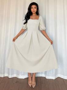 Elenzga 女式法式优雅简约通勤/办公室/商务休闲度假下午茶派对纯色方领荷叶边下摆 A 字泡泡袖短袖连衣裙，春夏