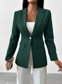EURMUSE Blazer elegante de manga larga de un solo botonadura y unicolor para mujer - Verde Oscuro - Ver 3