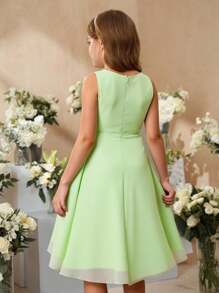 SHEIN Vestido de dama de honor para boda o fiesta, de unicolor con volantes en el dobladillo, para niñas - Verde - Ver 2