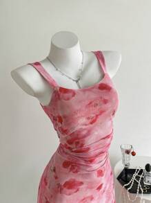 Chiquease Women Floral Print Mesh Patchwork Spaghetti Strap Mini Dress