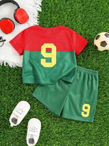 SHEIN Set de 2 piezas para bebé niño con jersey y pantalones cortos de fútbol/fútbol con bloqueo de color, de secado rápido y transpirable, adecuado para uso en interiores, exteriores, uso diario, deportes, juegos, fiestas, fotografía, vacaciones, festivales, equipo de Portugal, primavera/verano