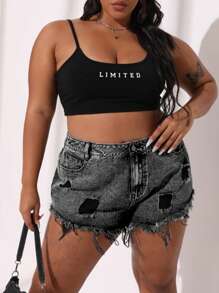 SHEIN CURVE+ Plus Size Casual Washed Distressed Denim Shorts - Black - View 6