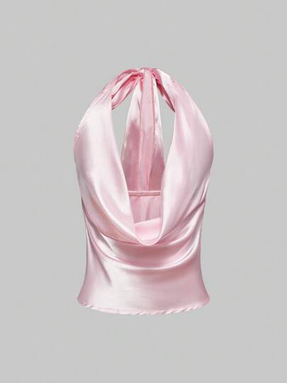 Anime Damen sexy Vintage Urlaub-Stil aus dem Süden Frankreichs und Sizilien, Trägertop aus Satin mit Metalldekor und tiefem Ausschnitt