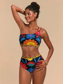 Travachic Women Floral Print Asymmetrical Neck Bra & Briefs Bikini Set - Multicolor - View 4