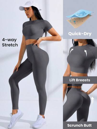 Gameset SHEIN Sport Conjunto deportivo de mujer de unicolor con Top de manga corta sin costuras y elástica, y pantalones - Ropa deportiva, ropa atlética, ropa de mujer, ropa de ejercicio