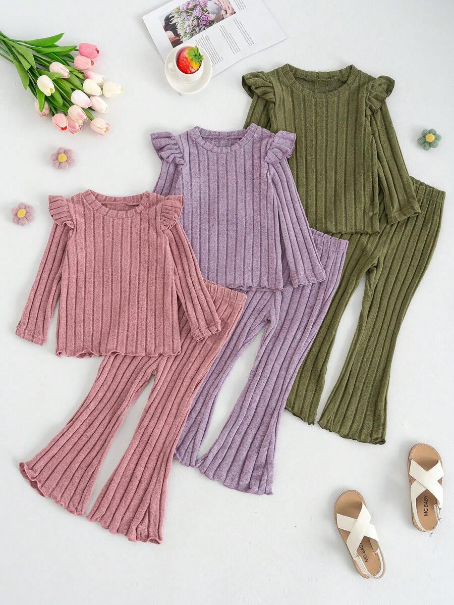 Set de 3 bucăți pentru fete, top cu mânecă lungă și pantaloni evazați cu volane, potrivit pentru primăvară și toamnă - Multicolor - Vizualizare 1