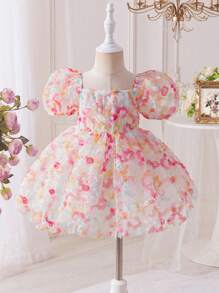 SHEIN Váy dệt tay bồng cổ viền hoa 3D cho bé gái - Hồng - Xem 9