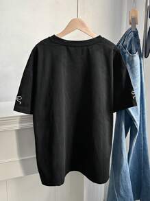 Comfortcana Plus Size Women Summer Bow Print Round Neck Short Sleeve Casual Oversized T-Shirt,Holiday Outfits,Graphic Tees,Cute,Vacation,European Summer,Country,Beach, Y2k Tops, Black Graphic Tee,2000s Style,School