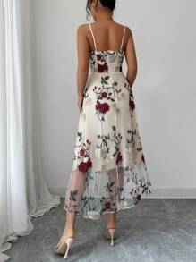 Elenzga 女士夏季度假连衣裙，网眼刺绣细肩带露背花卉印花无袖连衣裙 - 杏色 - 查看 3