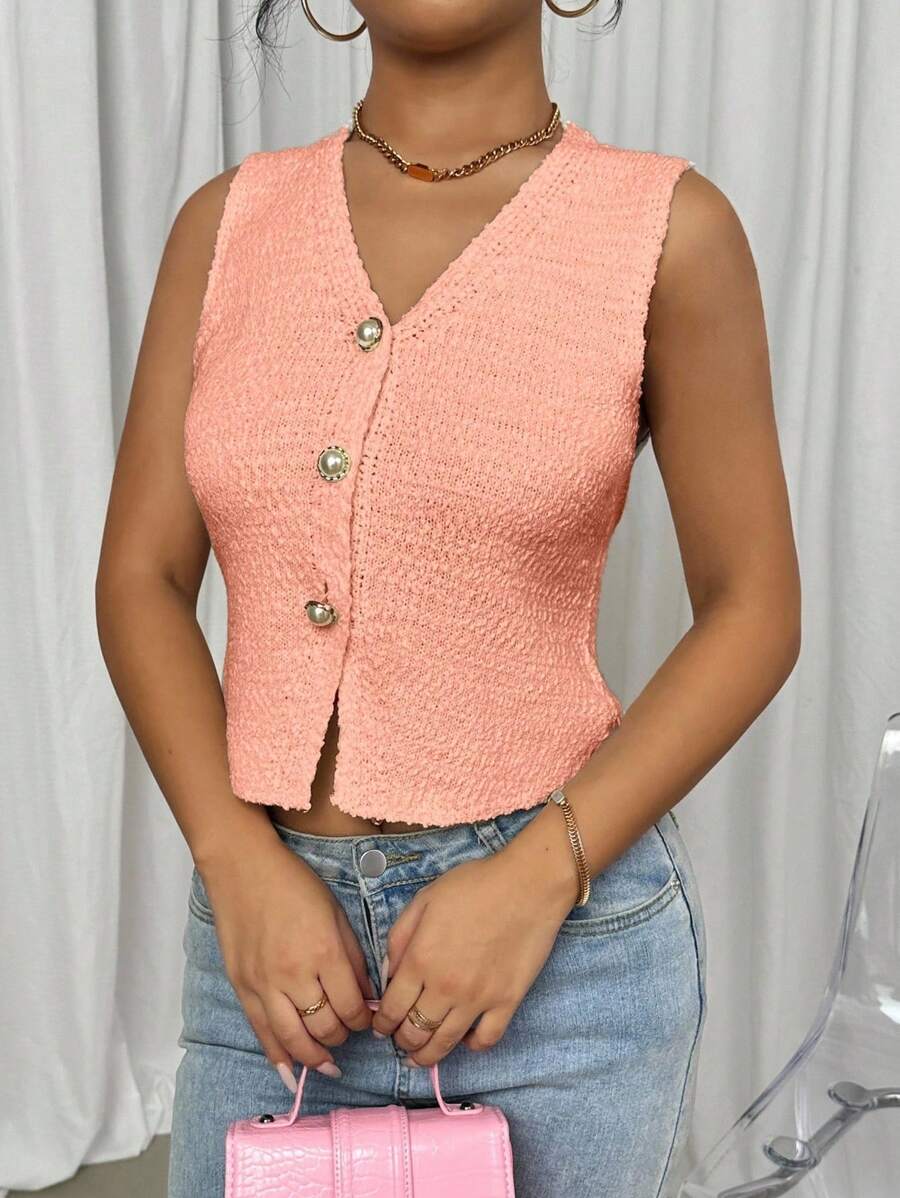 Elenzga 2024新款欧美深V领性感无袖修身针织毛衣背心上衣女士开衫 - 藕粉色 - 查看 1