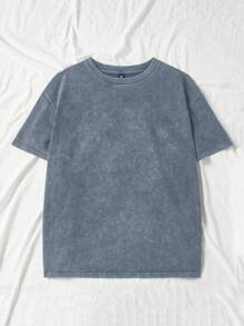 SHEIN EZwear Plus Size Blue Knitting Vintage Distressed Women Loose Short Sleeve T-Shirt - Blue - View 4