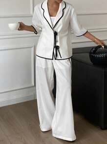 DAZY Conjunto feminino de 2 peças: blusa casual de manga curta com punhos ajustáveis e calça, ideal para a primavera/verão. Perfeito para a cidade. Roupa feminina de verão, ideal para o verão. Conjunto de 2 peças. - Branco - Ver 5