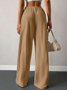 EURMUSE Solid Elastic Waist Wide Leg Trousers - Beige - View 2