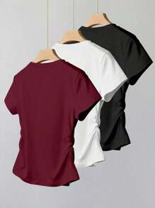 SHEIN Explorewe 女童休闲百搭简约胸前图案蝴蝶结装饰腰部抽绳短袖 3 件套 T 恤，适合学校、校园、学院