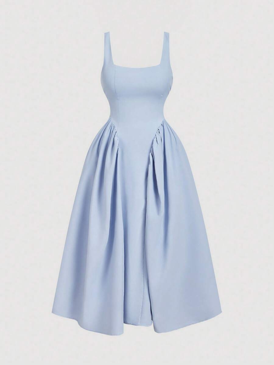 SHEIN MOD 加大码蓝色细肩带连衣裙，后背蝴蝶结装饰，正式活动礼服，女式蓝色露背蝴蝶结长裙，夏季蓝色连衣裙，毕业礼服，女士早午餐服装，飘逸连衣裙，紧身胸衣连衣裙