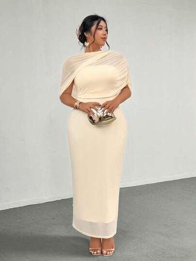 Firerie 大码春夏舒适休闲优雅浪漫褶饰不对称下摆修身女式连衣裙