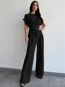 Firerie 1Set Women Office Wrap Chest Tie Waist Top And Wide Leg Pants - Black - View 3