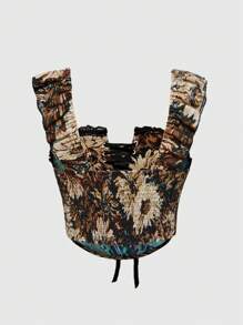 ROMWE Vintage Floral Wrap Design Women Slim Fit Top