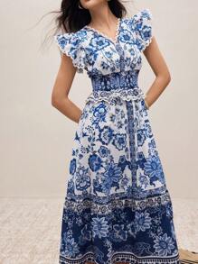 Modelyn Women's Shirred Cap Sleeve Self Tie Waist Long Floral Print Dress For Vacation, Women Casual Dress, Woman S Summer Clothes,Vacaciones Relax,Summer Dresses For Women,Vacation Outfits Woman,Bohemian Clothes,Vacation Outfits