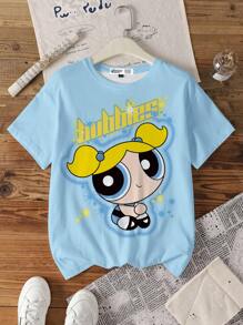 THE POWERPUFF GIRLS X SHEIN Women Summer Casual Cartoon & Letter Graphic Loose Fit Drop Shoulder Short Sleeve T-Shirt