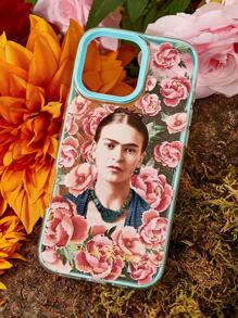 Frida Kahlo X SHEIN Funda de teléfono móvil con gráfico de figura, transparente en azul verdoso, duradera y de moda, compatible con iPhone