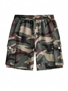 Manfinity Homme Men's Summer Casual  Youthful Street Fashion Camouflage Print Drawstring Waist Shorts, Featuring A Street Sports Style Inspired By INS. Designed With Three-Dimensional Cargo Pockets And Letter Woven Label Decorations For A High-Street Look. Suitable For Daily Wear, Outings, Sports, Leisure, School, Parties, Music Festivals, And Casual Occasions. An Excellent Gift For Boyfriends Or Husbands. Perfect For Streetwear. Men's Summer Casual Camouflage Shorts, Camouflage Shorts, Men's Street Shorts - Green - View 2