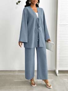 SHEIN Lady مجموعة ملابس علوية وبنطلون كاجوال للنساء قطعتين، ملابس علوية كم طويل مربوطة من الأمام وبنطلون بلون واحد - ازرق ضبابي - مشاهدة 5