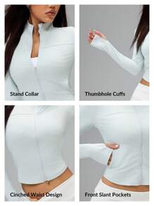 SHEIN PETITE 女款修身立領防紫外線快乾輕量戶外夾克，適合戶外休閒、運動、登山，小碼女款 - 淺藍色 - 查看 9