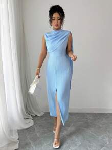 Elenzga Robe longue slim à taille élastiquée, fente avant et col montant en tissu texturé bleu pour femmes - Bleu azur - Voir 6