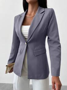 EURMUSE Women's Casual Solid Color Elastic Waist Blazer Jacket For Fall - Dark Grey - View 5