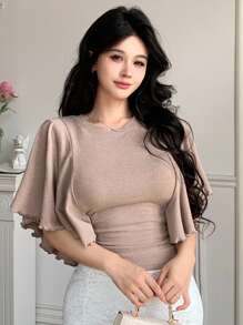 DAZY قميص تي شيرت نسائي بأكمام قصيرة مزين بالكشكشة والرقعات، ملابس أنيقة للمكتب، مناسبة للتنقل والحفلات والزفاف - كاكي - مشاهدة 8