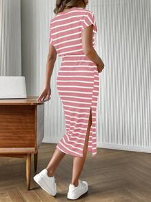 SHEIN Maternity Striped Batwing Sleeve H-Line Waist Drawstring Casual Dress - Pink - View 2