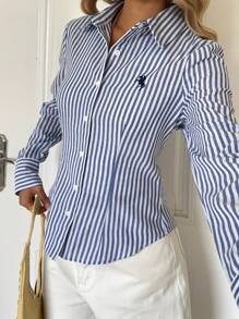SHEIN EZwear 女式新款刺绣装饰条纹修身长袖衬衫 - 藍白色 - 查看 3