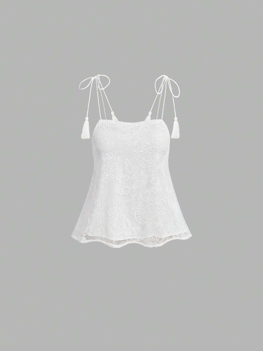SHEIN MOD Women Crochet Embroidered Tie Strap Cami Top,Western Style,Going Out Top,Concert,Sexy,Rave Festival,Vacation,Country,Beach Vacation Wear - White - View 1