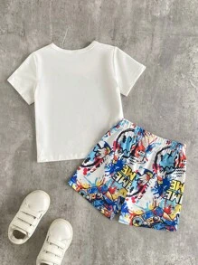 2件組 幼童男童塗鴉印花圓領短袖T恤與彈性腰圍短褲套裝 白色 夏季休閒沙灘風 適合6個月-3歲衣物 - 白色 - 查看 2