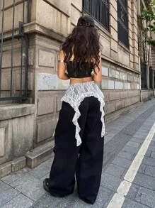 Coolane 女式夏季复古街头风 Y2K 休闲演唱会蕾丝不对称荷叶边低腰宽松降落伞裤