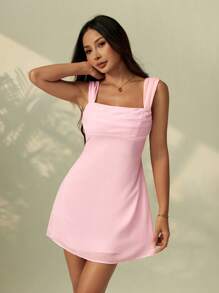 SHEIN PETITE 女士夏季海滩度假纯色浅粉色方领性感露背交叉迷你连衣裙，适合日常约会、夜间外出、夜总会、派对、聚会、泳池派对，女士柔和色调连衣裙 - 粉色 - 查看 5