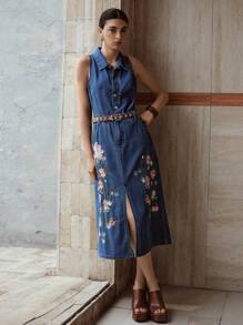 MOTF PREMIUM EMBROIDERY SPLIT DENIM DRESS - Blue - View 6