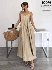 Siren Gaze Summer Dresses For Women 2025 | Graduation Dress Elegant & Vacation Beach | Khaki Cotton Maxi Dress With Pleated Stripe Detail | Spaghetti Strap Casual Fashion | Wedding Guest & 4th Of July Dress, Business Casual Sundress Women Casual Dresses Birthday Woman Clothes Women Summer Clothing Women Clothes Brown - Khaki - View 2