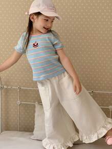 Hapijoa 女童圆领条纹卡通刺绣短袖T恤，夏季 - 藍色 - 查看 5