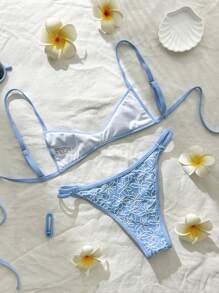 Swim Mod Women Jacquard Fabric Spaghetti Strap High Cut Sexy Bikini Set, Summer